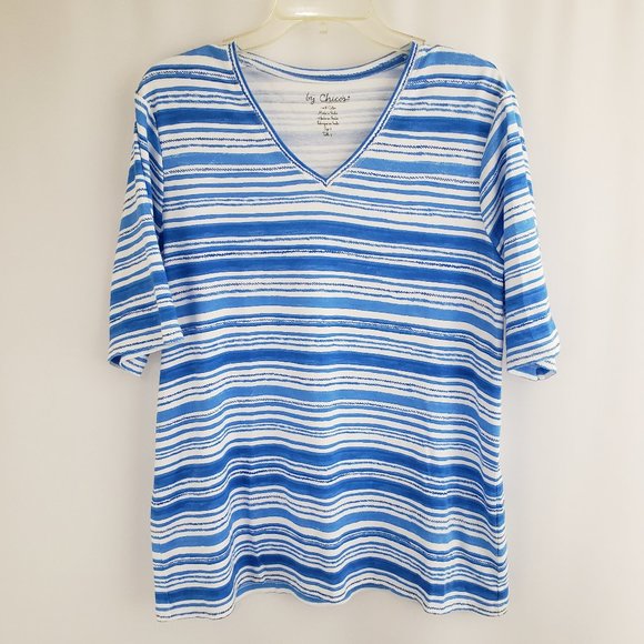 Chico's Blue and White Striped Short Sleeve Tee - Picture 1 of 6